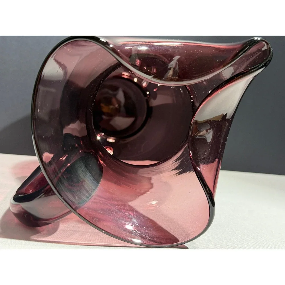 Amethyst Purple Hand Blown Glass‎ Pitcher Tri-Corner Ruffled Rim Vintage Plum